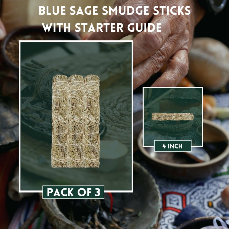 Ancientveda Ancient VEDA 4" Blue Sage Smudge Sticks 3-Pack | Organic, Hand-Tied for Cleansing, Yoga & Meditation | Floral Ambiance, Remove Negative Energy | Starter Guide - Image 2